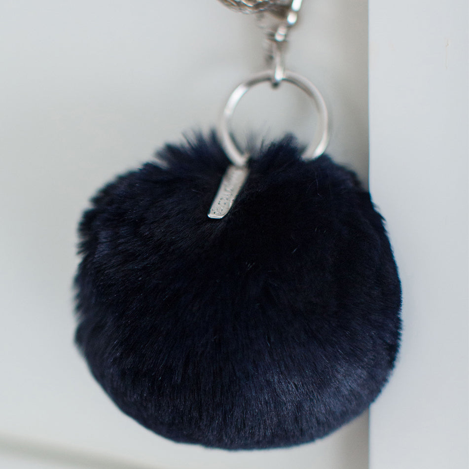 Faux Fur Pompom Key Chain - Navy Blue
