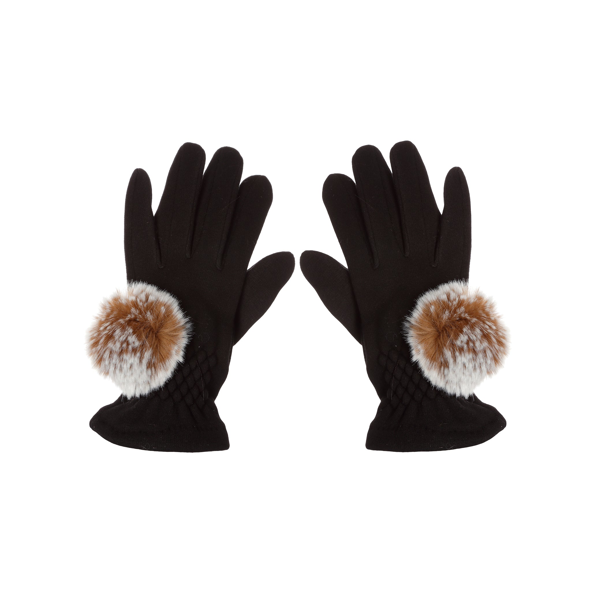 Faux Fur Pompoms Gloves - Chestnut